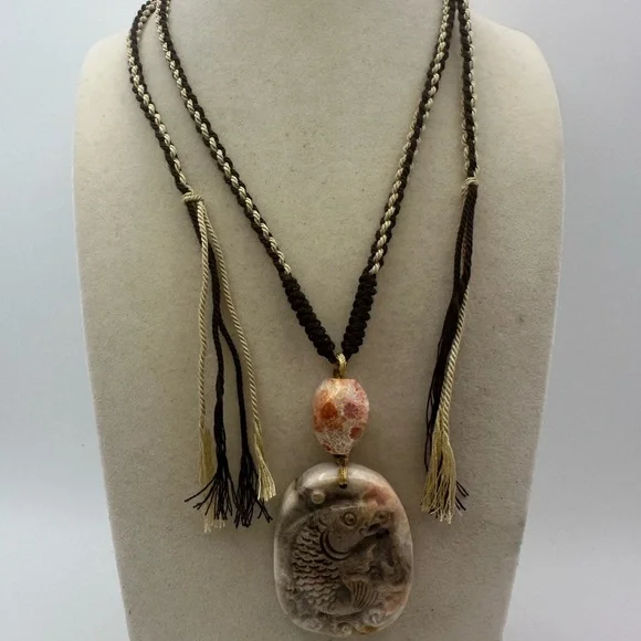 Handcrafted Coral Fossil Jade Fish Carving Pendant Necklace on Adjustable Rope - Picture 12 of 13